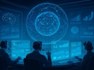 Futuristisches Control-Center mit holografischer 3D-Darstellung von Datenströmen und Analysten mit transparenten Bildschirmen, die Echtzeit-Performance-Kennzahlen und Content-Optimierungen zeigen. Im Hintergrund projizieren Grafiken die Integration von KI, Machine Learning und Content-Management. Credit: 404 Magazine (Tobias Hager)