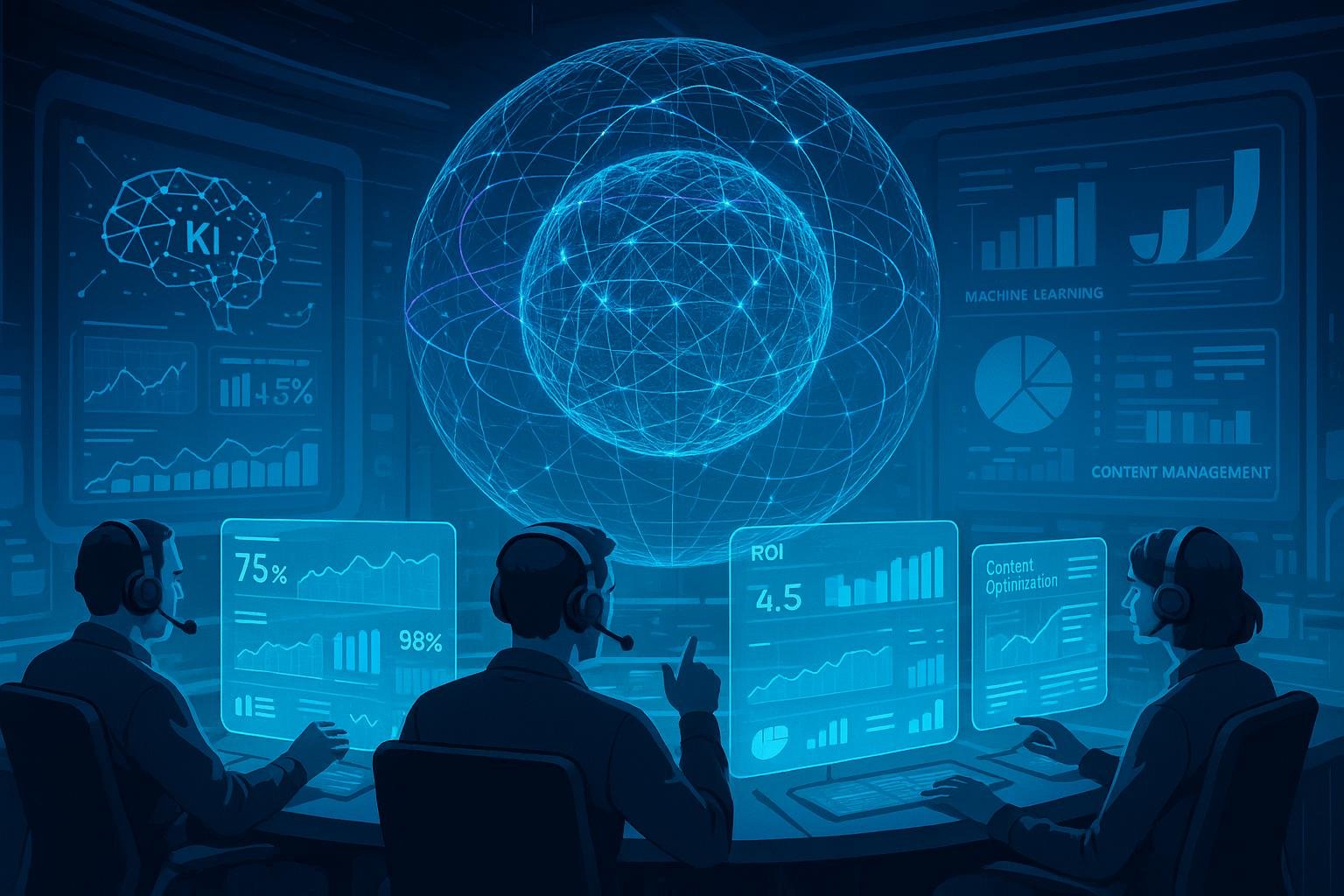 Futuristisches Control-Center mit holografischer 3D-Darstellung von Datenströmen und Analysten mit transparenten Bildschirmen, die Echtzeit-Performance-Kennzahlen und Content-Optimierungen zeigen. Im Hintergrund projizieren Grafiken die Integration von KI, Machine Learning und Content-Management. Credit: 404 Magazine (Tobias Hager)
