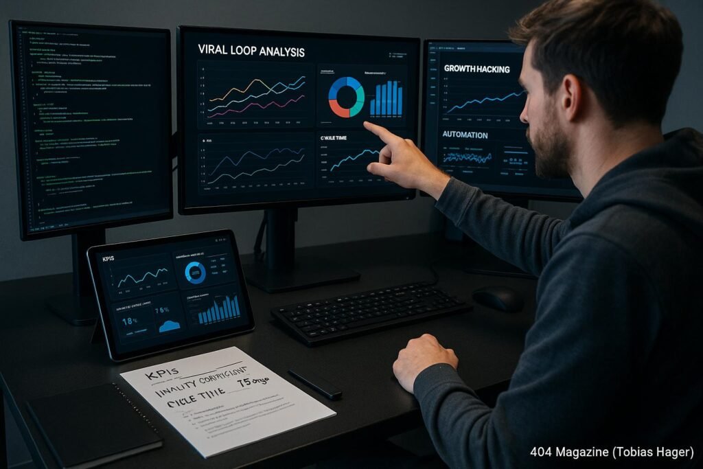 Moderner Arbeitsplatz mit mehreren Monitoren, die Datenvisualisierungen und Code für Viral-Loop-Analysen anzeigen, plus High-Tech-Ausrüstung und eine Person, die aktiv Daten analysiert.