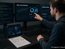 Moderner Arbeitsplatz mit mehreren Monitoren, die Datenvisualisierungen und Code für Viral-Loop-Analysen anzeigen, plus High-Tech-Ausrüstung und eine Person, die aktiv Daten analysiert.