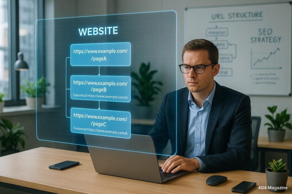Person im Business-Outfit vor holographischem Bildschirm mit Webseite, im Hintergrund Whiteboard mit SEO-Strategie-Diagrammen, helles Büro mit technischen Geräten und Pflanzen.