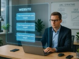 Person im Business-Outfit vor holographischem Bildschirm mit Webseite, im Hintergrund Whiteboard mit SEO-Strategie-Diagrammen, helles Büro mit technischen Geräten und Pflanzen.