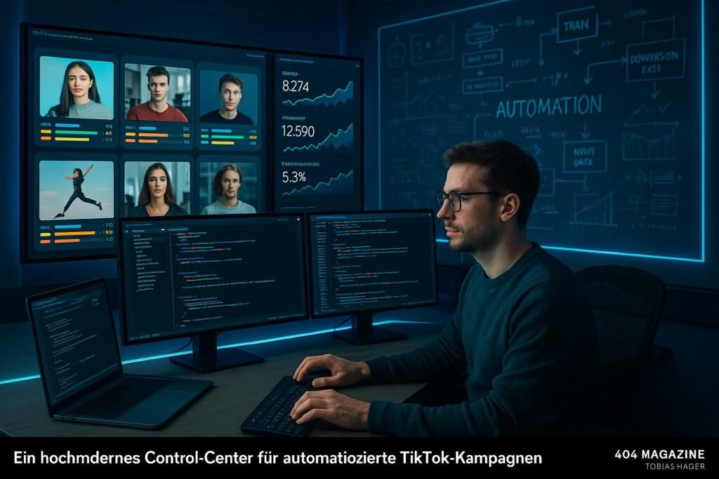 Technikbegeisterter Marketing-Experte an einem futuristischen Kontrollzentrum mit Monitoren, Datenvisualisierungen und Automatisierungsdiagrammen, Credit: 404 Magazine (Tobias Hager)