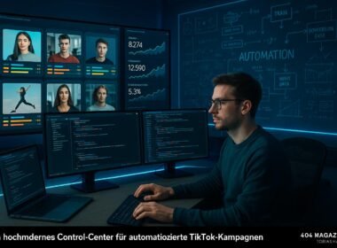 Technikbegeisterter Marketing-Experte an einem futuristischen Kontrollzentrum mit Monitoren, Datenvisualisierungen und Automatisierungsdiagrammen, Credit: 404 Magazine (Tobias Hager)