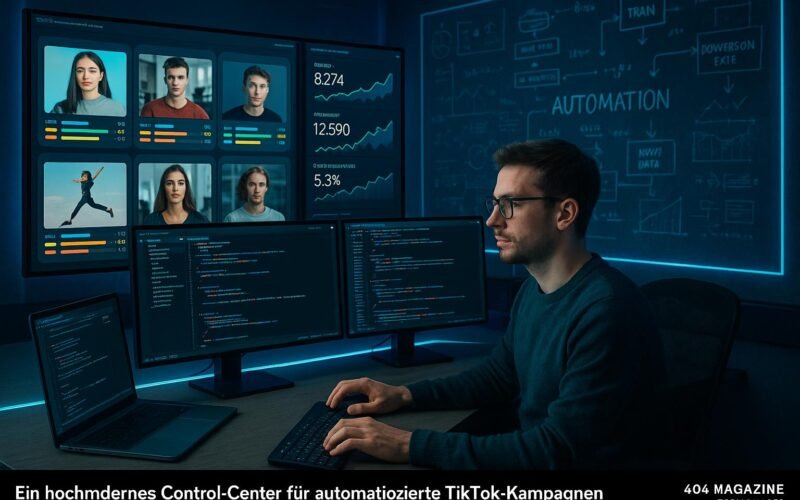 Technikbegeisterter Marketing-Experte an einem futuristischen Kontrollzentrum mit Monitoren, Datenvisualisierungen und Automatisierungsdiagrammen, Credit: 404 Magazine (Tobias Hager)