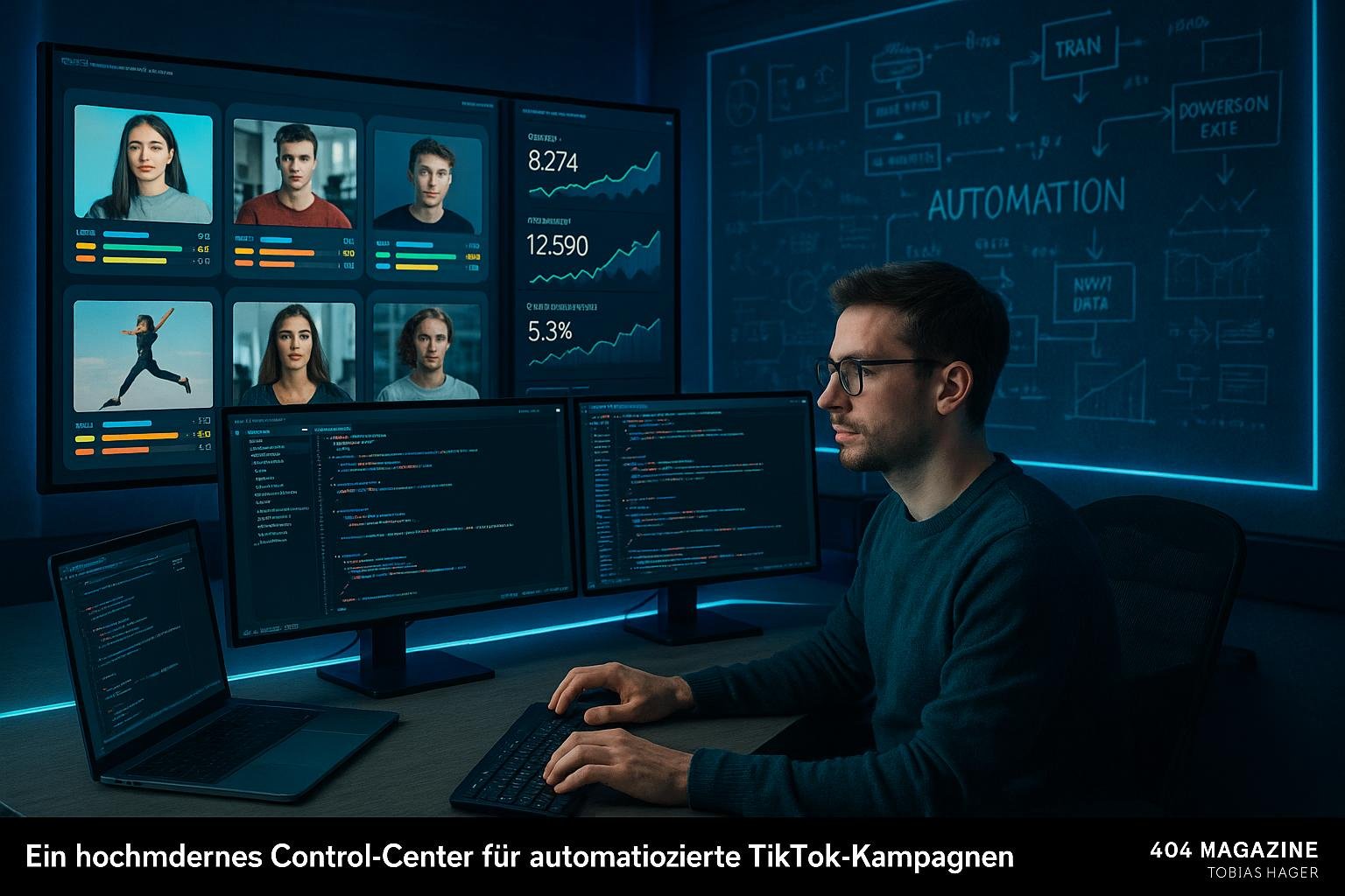 Technikbegeisterter Marketing-Experte an einem futuristischen Kontrollzentrum mit Monitoren, Datenvisualisierungen und Automatisierungsdiagrammen, Credit: 404 Magazine (Tobias Hager)
