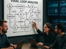 Team arbeitet an einem Whiteboard mit Diagrammen zur Viral Loop Analyse in einem modernen Büro, im Hintergrund Monitore mit Datenvisualisierungen und KPIs.