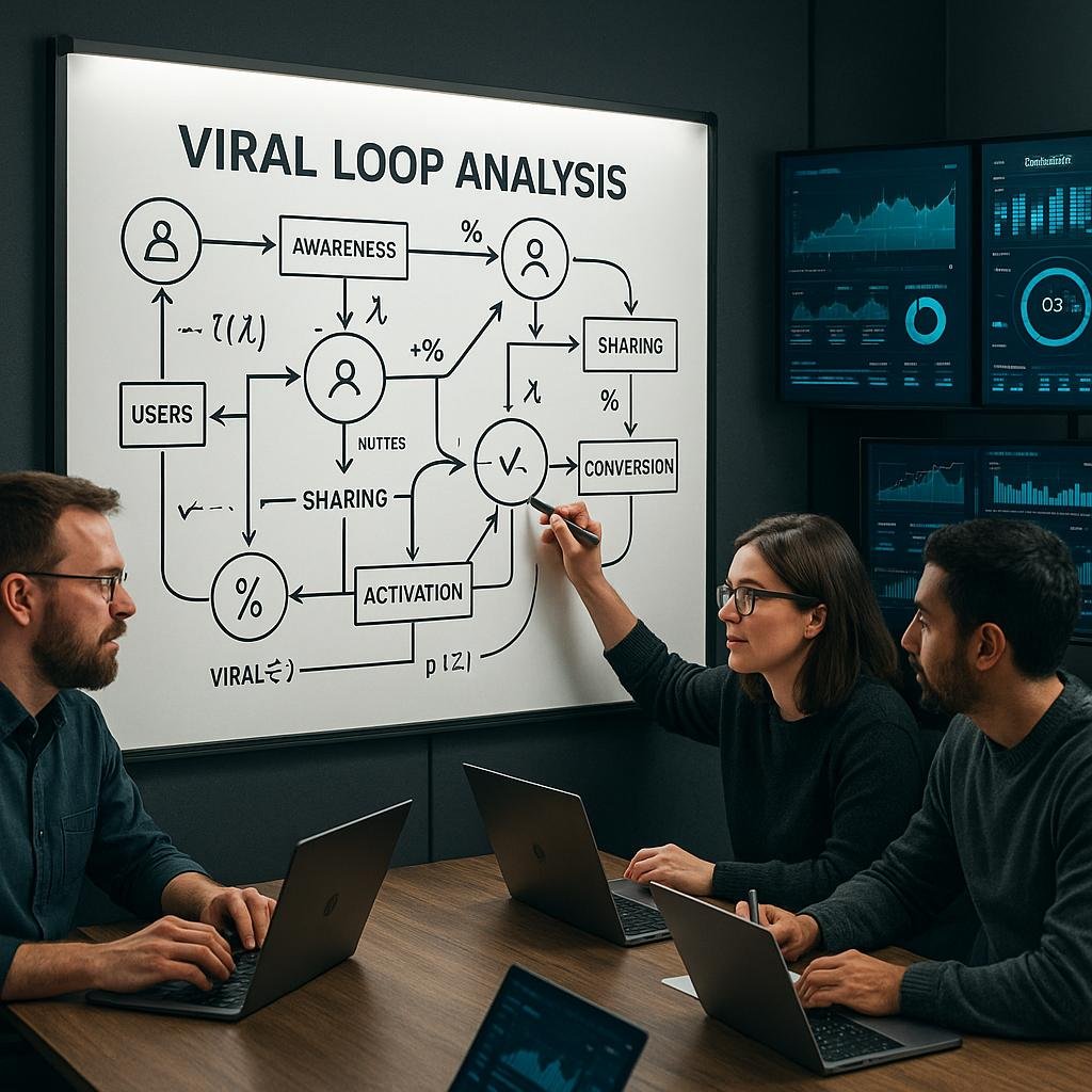 Team arbeitet an einem Whiteboard mit Diagrammen zur Viral Loop Analyse in einem modernen Büro, im Hintergrund Monitore mit Datenvisualisierungen und KPIs.