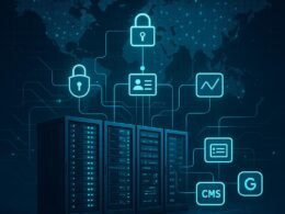 Bild einer modernen digitalen Infrastruktur mit Servern, Netzwerken und globaler Weltkarte, symbolisiert Effizienz und technischer Fortschritt, Credit: 404 Magazine (Tobias Hager)