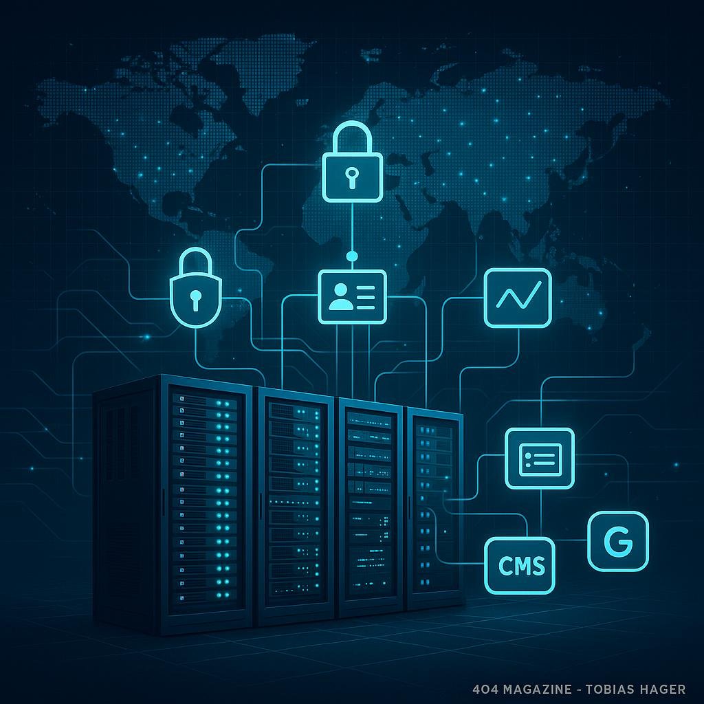 Bild einer modernen digitalen Infrastruktur mit Servern, Netzwerken und globaler Weltkarte, symbolisiert Effizienz und technischer Fortschritt, Credit: 404 Magazine (Tobias Hager)