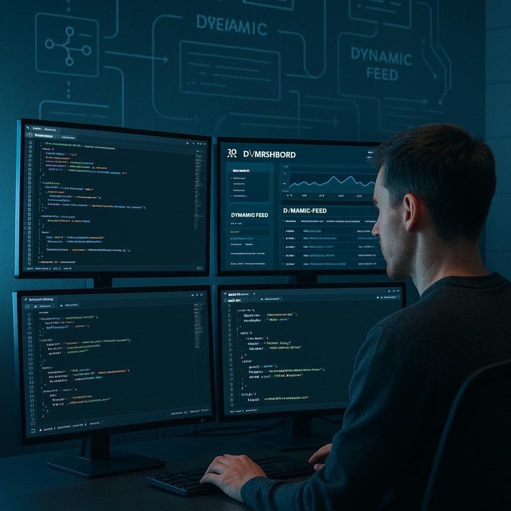 Illustration eines modernen, hochtechnischen Arbeitsplatzes mit Monitoren, Code-Editoren, API-Dashboards, JSON-Daten und schematischen Darstellungen von Servern und Datenfeeds