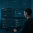 Illustration eines modernen, hochtechnischen Arbeitsplatzes mit Monitoren, Code-Editoren, API-Dashboards, JSON-Daten und schematischen Darstellungen von Servern und Datenfeeds