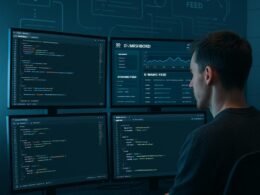 Illustration eines modernen, hochtechnischen Arbeitsplatzes mit Monitoren, Code-Editoren, API-Dashboards, JSON-Daten und schematischen Darstellungen von Servern und Datenfeeds