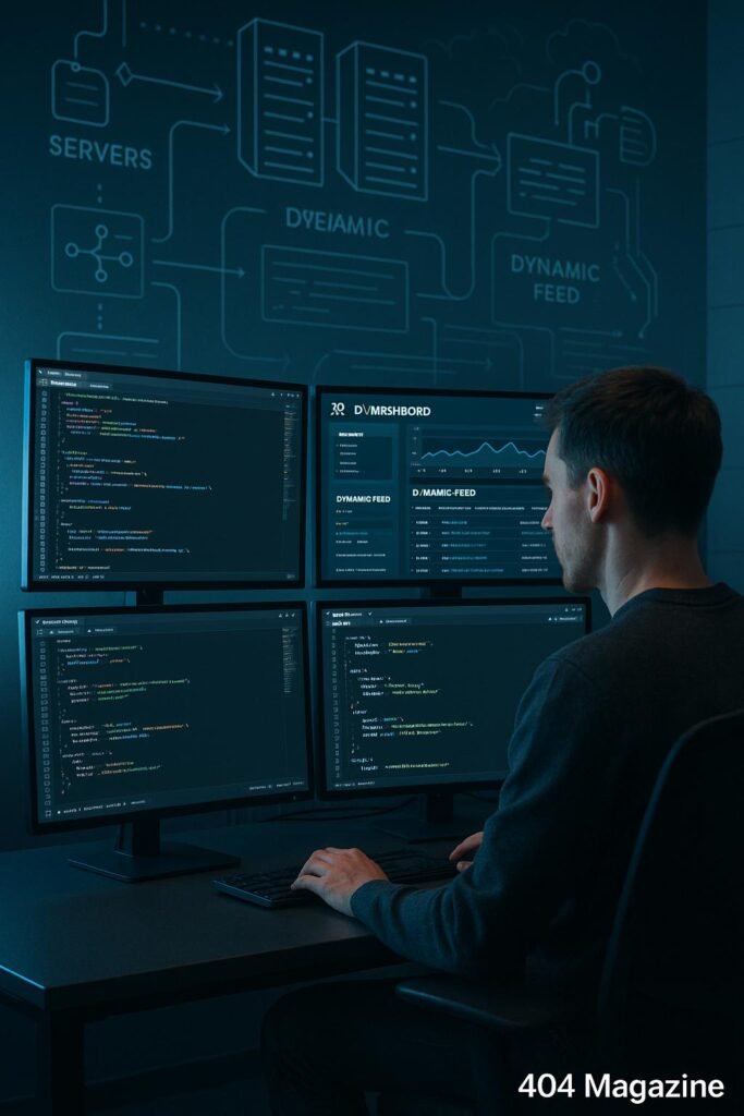Illustration eines modernen, hochtechnischen Arbeitsplatzes mit Monitoren, Code-Editoren, API-Dashboards, JSON-Daten und schematischen Darstellungen von Servern und Datenfeeds