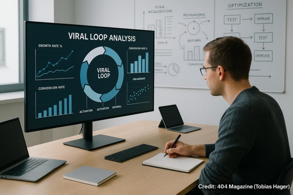 Person in Business-Casual vor einem großen Bildschirm mit Datenvisualisierungen und Diagrammen in einem modernen, hell erleuchteten Büro