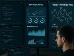 Ein moderner Entwicklerarbeitsplatz mit mehreren Bildschirmen, die Code, SEO-Analysen und Website-Architektur zeigen, im Hintergrund Regale mit technischen Büchern und Pflanzen.