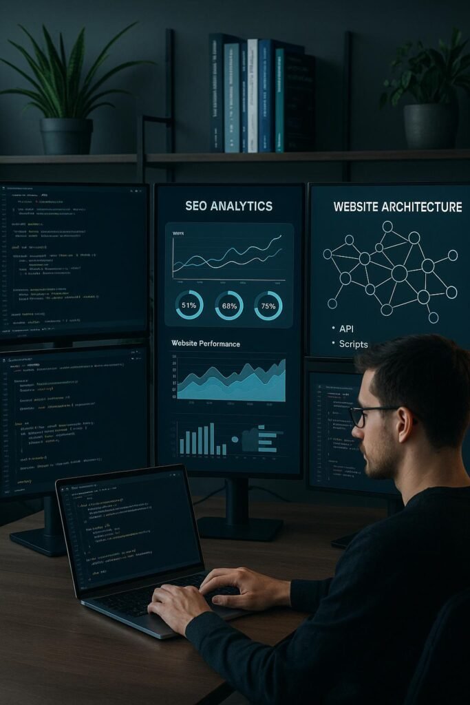 Ein moderner Entwicklerarbeitsplatz mit mehreren Bildschirmen, die Code, SEO-Analysen und Website-Architektur zeigen, im Hintergrund Regale mit technischen Büchern und Pflanzen.