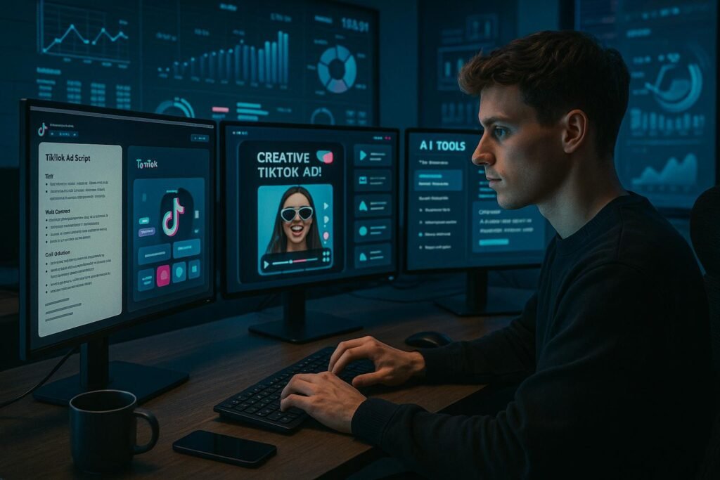 Junger Marketer arbeitet an einem modernen Arbeitsplatz mit Monitoren, auf denen TikTok-Ads, KI-Tools und Datenanalysen sichtbar sind, im Hintergrund digitale Diagramme und Trend-Daten. Credit: 404 Magazine (Tobias Hager)