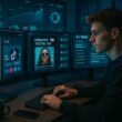 Junger Marketer arbeitet an einem modernen Arbeitsplatz mit Monitoren, auf denen TikTok-Ads, KI-Tools und Datenanalysen sichtbar sind, im Hintergrund digitale Diagramme und Trend-Daten. Credit: 404 Magazine (Tobias Hager)