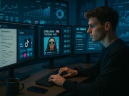 Junger Marketer arbeitet an einem modernen Arbeitsplatz mit Monitoren, auf denen TikTok-Ads, KI-Tools und Datenanalysen sichtbar sind, im Hintergrund digitale Diagramme und Trend-Daten. Credit: 404 Magazine (Tobias Hager)
