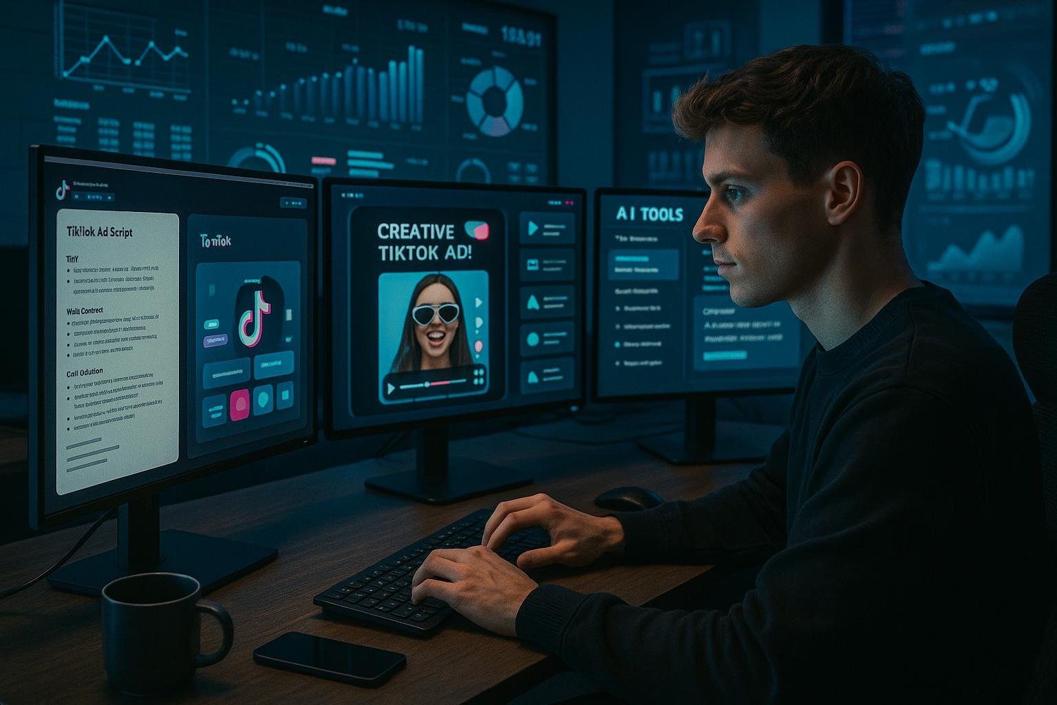 Junger Marketer arbeitet an einem modernen Arbeitsplatz mit Monitoren, auf denen TikTok-Ads, KI-Tools und Datenanalysen sichtbar sind, im Hintergrund digitale Diagramme und Trend-Daten. Credit: 404 Magazine (Tobias Hager)