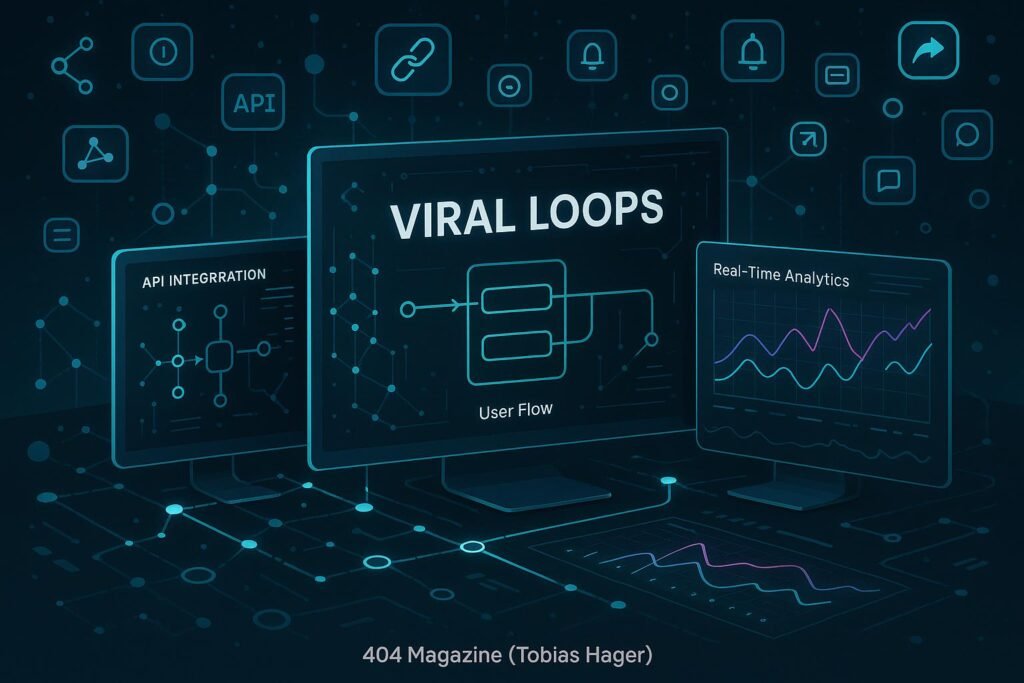 Moderner digitaler Arbeitsplatz mit Datenströmen, Netzwerkknoten, API-Symbolen und Sharing-Icons, der die Konzepte von Viral Loops und Netzwerk-Effekten darstellt.
