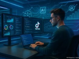Technologieexperte arbeitet in einem futuristischen Büro mit mehreren Monitoren, holografischen Linien und digitalen Netzwerken, die KI-gestützte Kampagnenoptimierung repräsentieren
