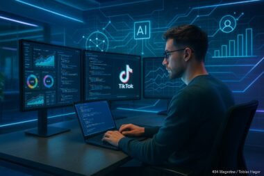 Technologieexperte arbeitet in einem futuristischen Büro mit mehreren Monitoren, holografischen Linien und digitalen Netzwerken, die KI-gestützte Kampagnenoptimierung repräsentieren