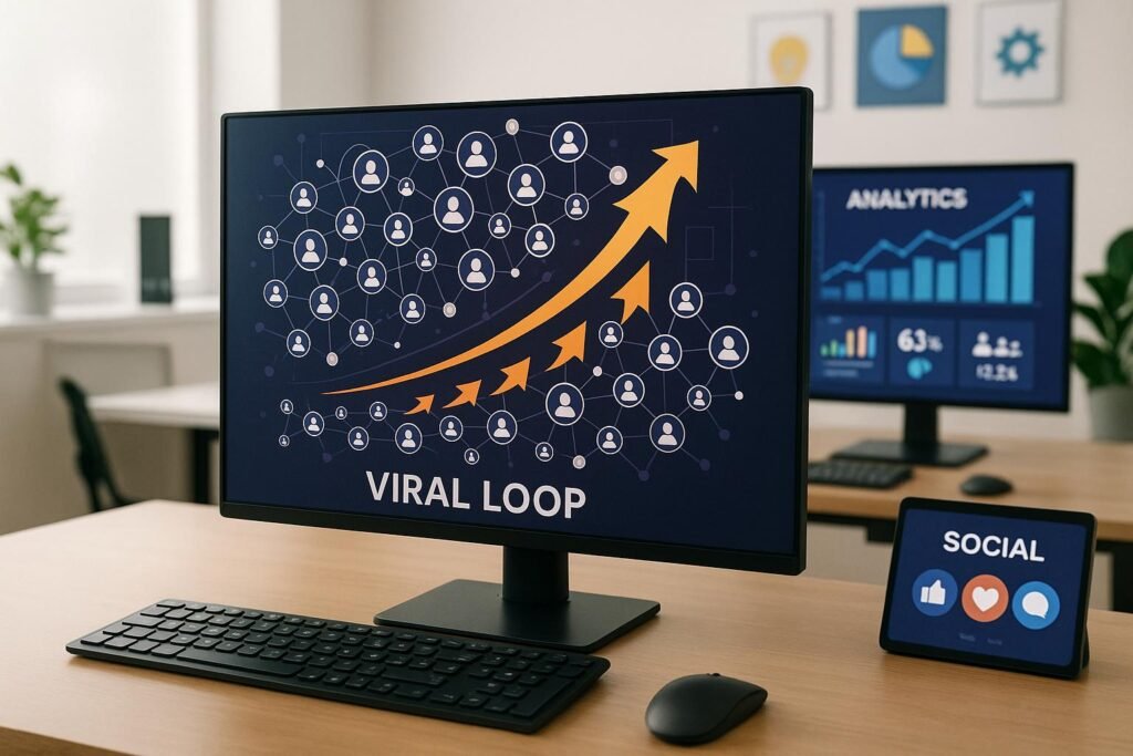 Modernes Computer-Workspace mit Viral Loop Visualisierung, Nutzer-Avataren und technischer Analyse, im Hintergrund minimalistische Büroumgebung
