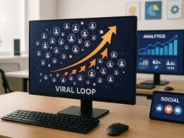 Modernes Computer-Workspace mit Viral Loop Visualisierung, Nutzer-Avataren und technischer Analyse, im Hintergrund minimalistische Büroumgebung