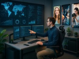 Modernes Büro mit großem Bildschirm, Person bei der Arbeit an mehreren Monitoren, TikTok-Content und grünen Pflanzen, vermittelt Innovation und technische Kompetenz.