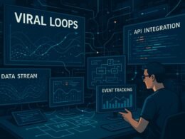Hochmoderner digitaler Arbeitsplatz mit verbundenen Bildschirmen, Datenströmen und Entwickler bei Analysearbeiten, betont die Komplexität viraler Schleifen und systembasierter Wachstumsstrategien. Credit: 404 Magazine (Tobias Hager)