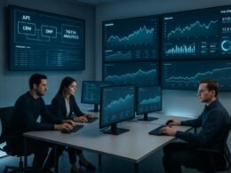 Moderner High-Tech Kontrollraum mit leuchtenden LED-Displays, Business Professionals in Business Casual vor Datenmonitoren