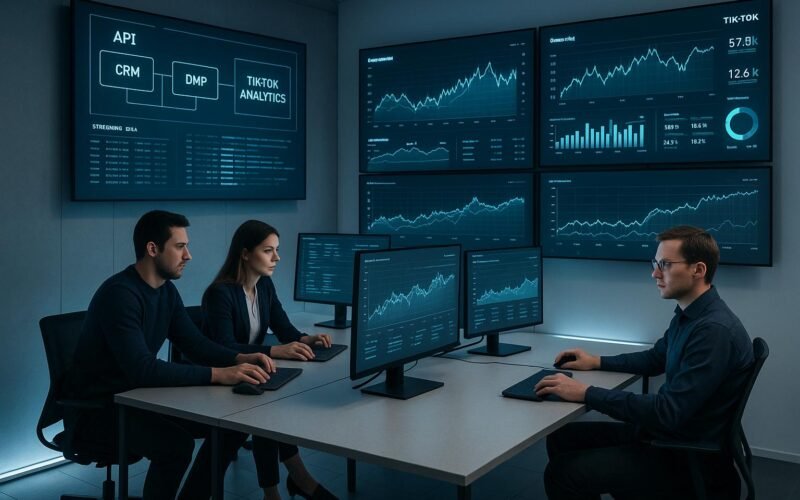 Moderner High-Tech Kontrollraum mit leuchtenden LED-Displays, Business Professionals in Business Casual vor Datenmonitoren