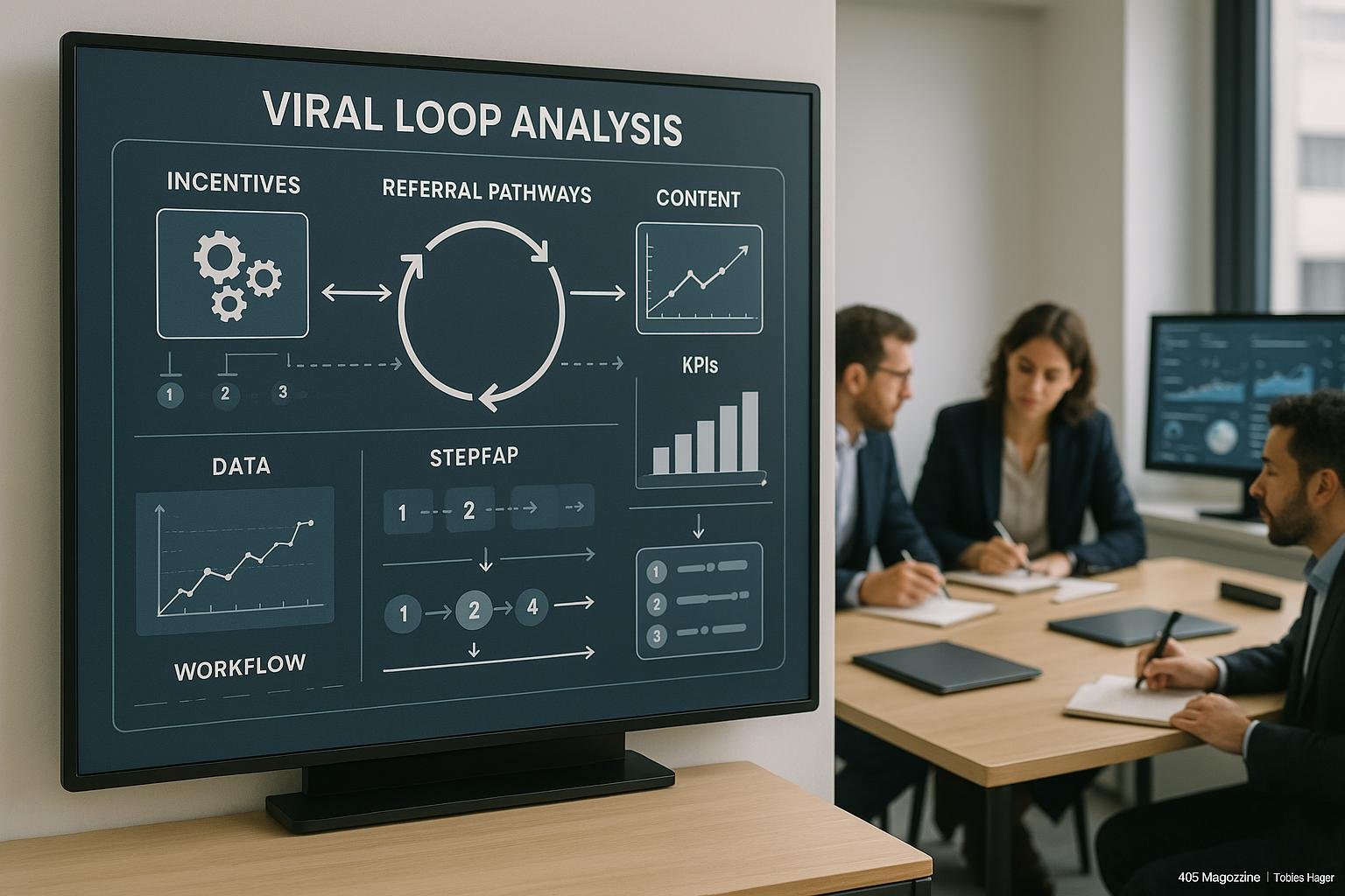 Modernes Büro mit Whiteboard und Team, das eine Viral-Loop-Analyse visualisiert, inklusive KPIs, Diagramme und strategischer Diskussion, Hintergrund mit Dashboards. Credit: 404 Magazine (Tobias Hager)