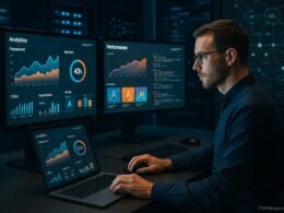 Moderner digitaler Arbeitsplatz mit Bildschirmen, Performance-Dashboards, Servern und einem Marketer bei der Analyse von Echtzeitdaten