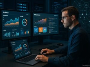 Moderner digitaler Arbeitsplatz mit Bildschirmen, Performance-Dashboards, Servern und einem Marketer bei der Analyse von Echtzeitdaten