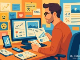 Content-Strategin in einem dynamischen Social Media Büro, das Bildschirme mit Statistiken, Moodboards mit Emojis und Notizen zeigt, betont professionelle und kreative Arbeitsumgebung