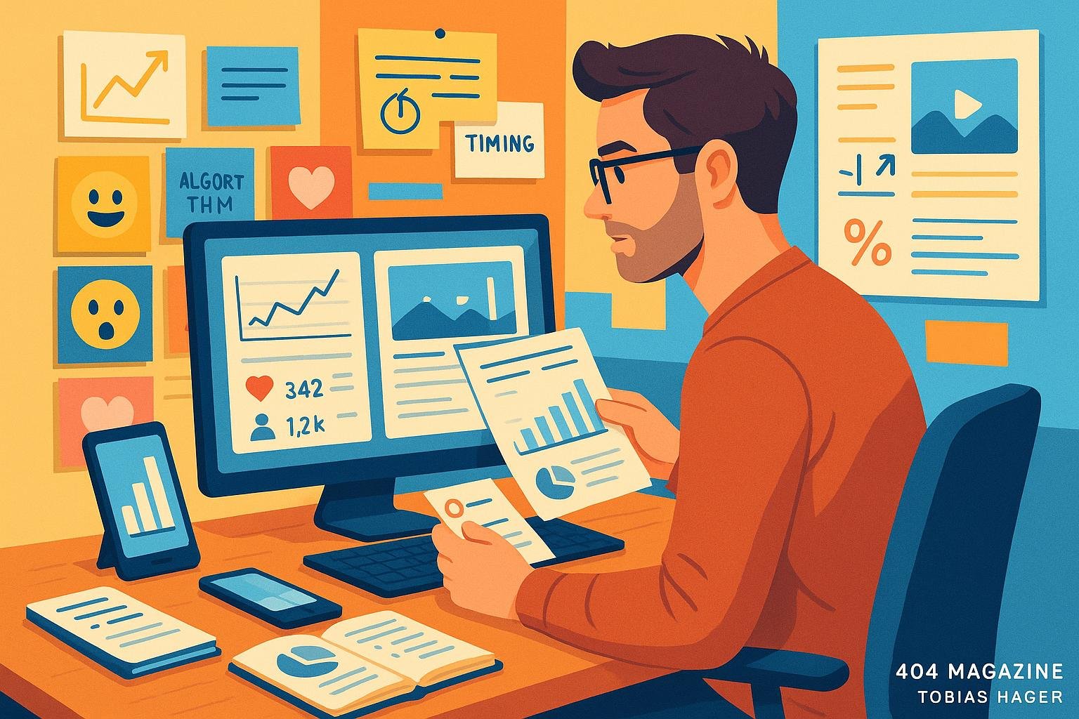 Content-Strategin in einem dynamischen Social Media Büro, das Bildschirme mit Statistiken, Moodboards mit Emojis und Notizen zeigt, betont professionelle und kreative Arbeitsumgebung