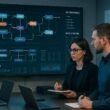 Modernes Büro mit großem Bildschirm, der Datenfluss-Visualisierung, API-Endpoints und Echtzeit-Datenströme zeigt, Fachleute beobachten aufmerksam die Darstellung.