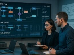 Modernes Büro mit großem Bildschirm, der Datenfluss-Visualisierung, API-Endpoints und Echtzeit-Datenströme zeigt, Fachleute beobachten aufmerksam die Darstellung.