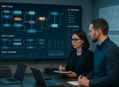 Modernes Büro mit großem Bildschirm, der Datenfluss-Visualisierung, API-Endpoints und Echtzeit-Datenströme zeigt, Fachleute beobachten aufmerksam die Darstellung.