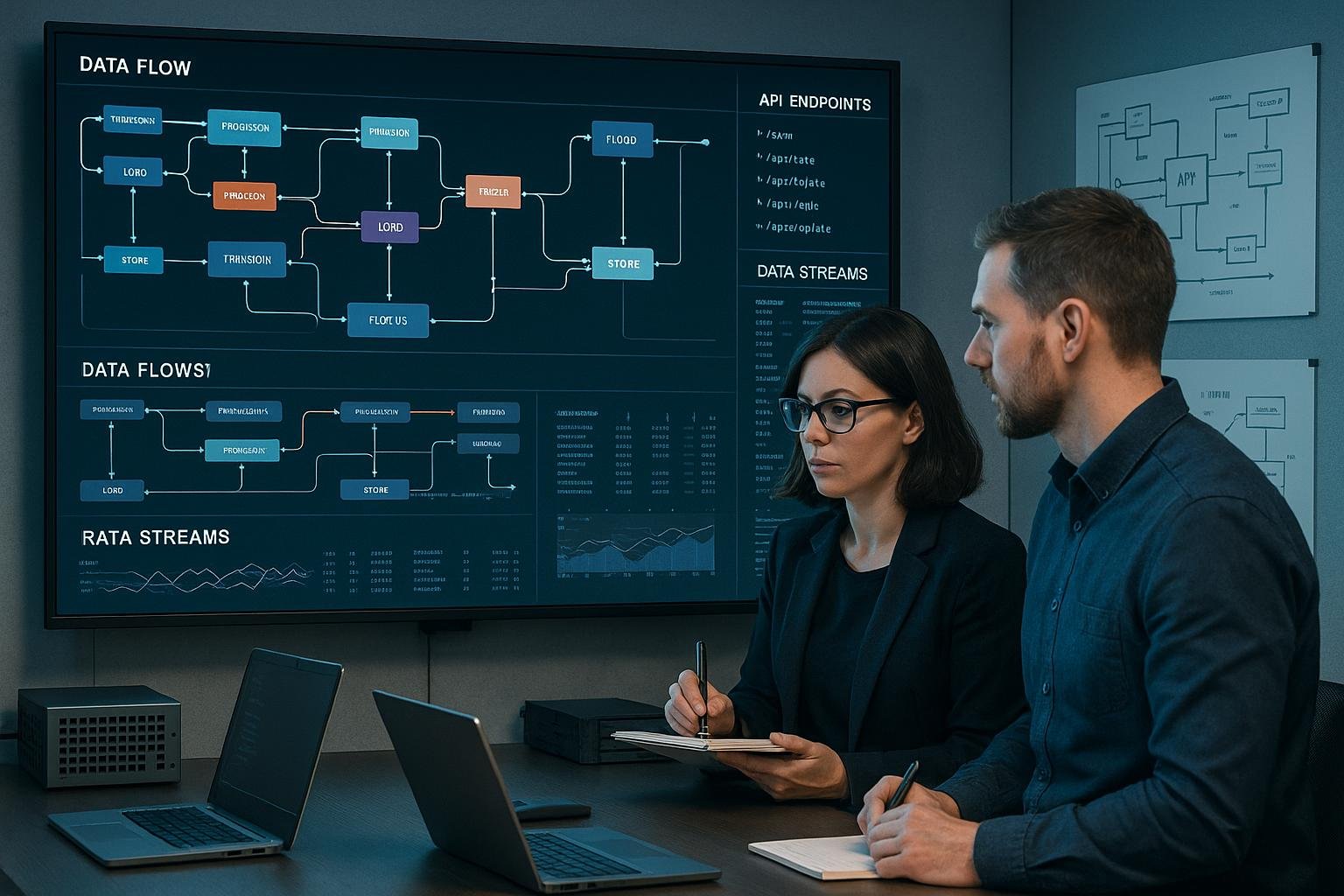Modernes Büro mit großem Bildschirm, der Datenfluss-Visualisierung, API-Endpoints und Echtzeit-Datenströme zeigt, Fachleute beobachten aufmerksam die Darstellung.