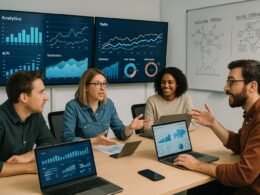 Ein modernes Redaktionsteam in einem hellen Konferenzraum mit Bildschirmen und Laptops, das Datenanalysen, Diagramme und Social-Media-Analysen betrachtet.