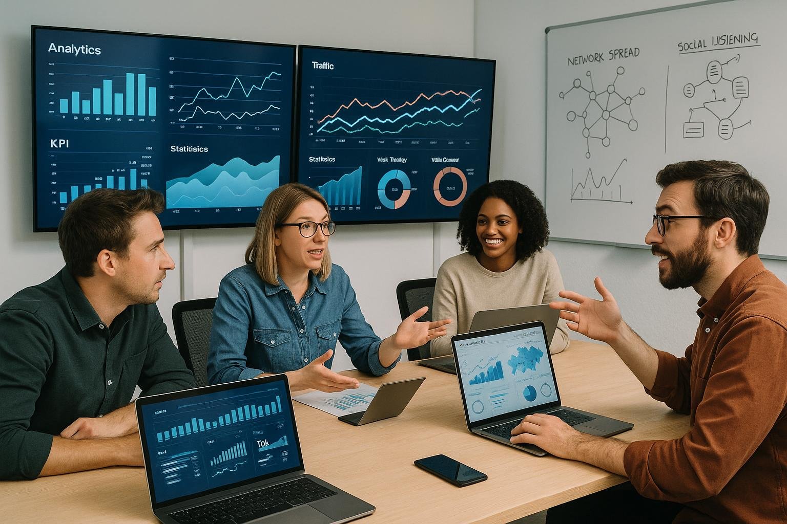 Ein modernes Redaktionsteam in einem hellen Konferenzraum mit Bildschirmen und Laptops, das Datenanalysen, Diagramme und Social-Media-Analysen betrachtet.
