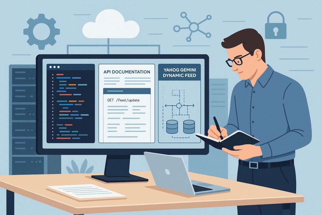 Digital Marketing Arbeitsplatz mit Entwickler, Code-Editoren, API-Dokumentationen, Servern und Cloud-Infrastruktur, die die Integration von Yahoo Gemini Dynamic Feed visualisieren.
