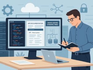 Digital Marketing Arbeitsplatz mit Entwickler, Code-Editoren, API-Dokumentationen, Servern und Cloud-Infrastruktur, die die Integration von Yahoo Gemini Dynamic Feed visualisieren.