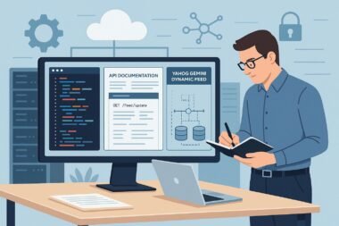 Digital Marketing Arbeitsplatz mit Entwickler, Code-Editoren, API-Dokumentationen, Servern und Cloud-Infrastruktur, die die Integration von Yahoo Gemini Dynamic Feed visualisieren.