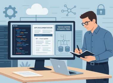 Digital Marketing Arbeitsplatz mit Entwickler, Code-Editoren, API-Dokumentationen, Servern und Cloud-Infrastruktur, die die Integration von Yahoo Gemini Dynamic Feed visualisieren.