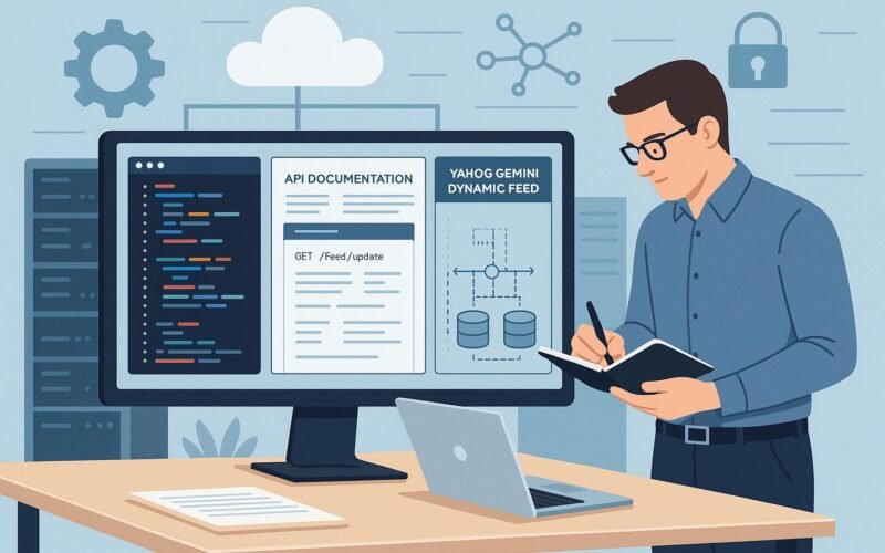 Digital Marketing Arbeitsplatz mit Entwickler, Code-Editoren, API-Dokumentationen, Servern und Cloud-Infrastruktur, die die Integration von Yahoo Gemini Dynamic Feed visualisieren.